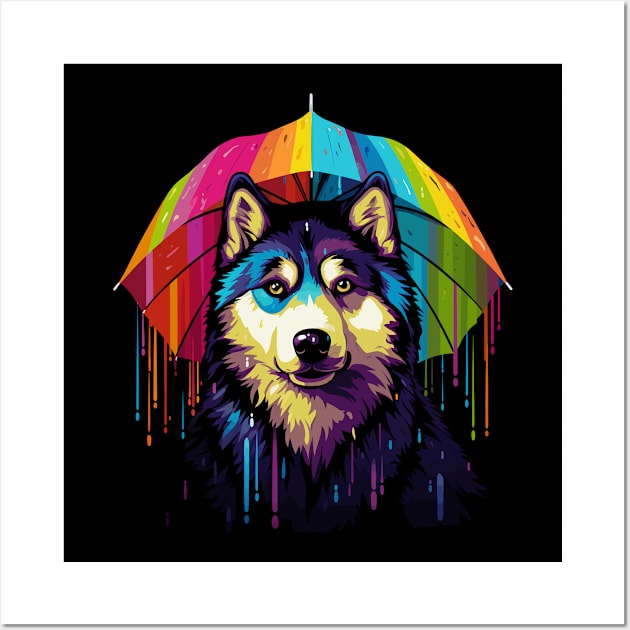 Alaskan Husky Rainy Day With Umbrella Wall Art by JH Mart